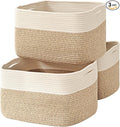 Large Storage Baskets for Organizing Shelves, Woven Cotton Rope Bins for Baby Nursery Organization, Book Toy Towel Organizer, 17"x13"x9.5", 3 Packs, Off White & Brown