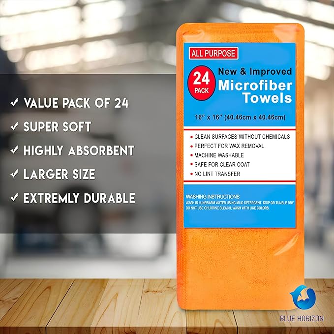 Blue Horizon Microfiber Cleaning Towels, Pack of 24, Ultra Soft Plush Washcloth, All Purpose Premium Microfiber Detailing Cleaning Cloths Reusable Shop Towels (16" x 16", Orange)