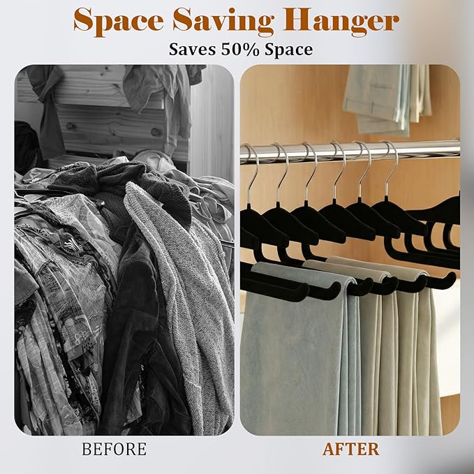 Velvet Hangers Non Slip,20 Pack Space Saving Pants Hangers,Thin Space Saving Clothes Hanger for Closet, Durable Heavy Duty Hanger with 360 Swivel Hook for Pants Towel Jeans(Black)