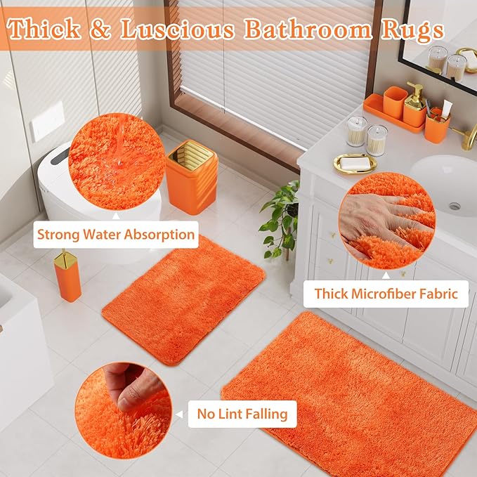 Bathroom Set - Orange Bathroom Sets with Shower Curtain and Rugs, 24PCS Shower Curtain Set with Hooks, Soap Dispenser, Soap Dish, Toilet Brush Holder and Trash Can for Housewarming