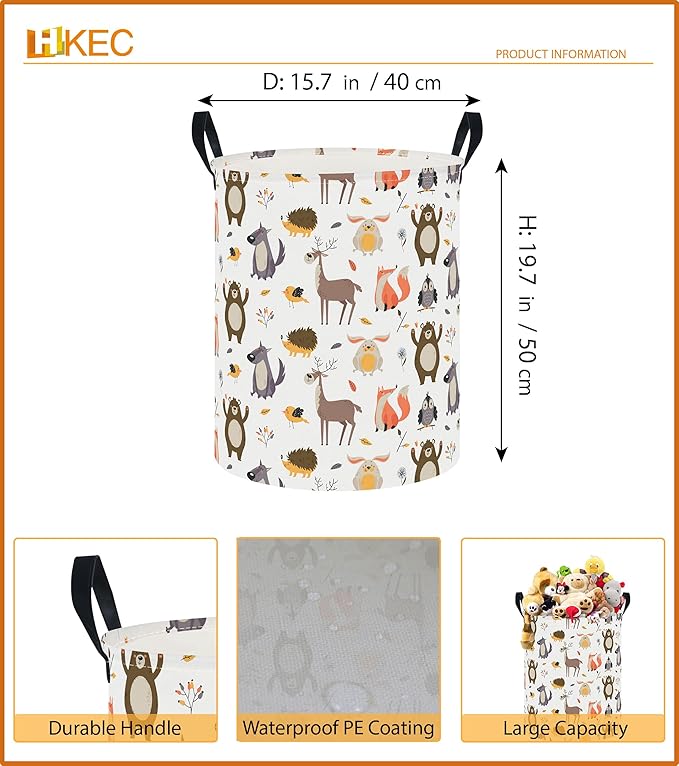 19.7" Laundry Basket,Kids Dirty Clothes Hamper,Waterproof Storage Bin,Room Decor,Gift Baskets,Nursery Hamper(Forest Animal)