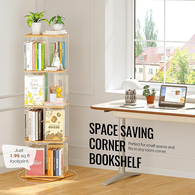 Rotating Bookshelf, 360 Degree Revolving Bookcase, 4-Tier Spinning Bookshelf, Clear Acrylic & Solid Wood Rotating Bookcase for Kid’s Playroom, Bedroom and Living Room, Square