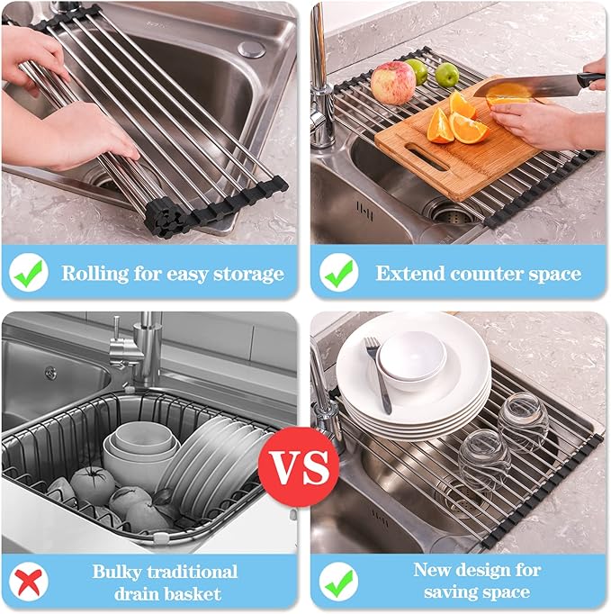 Seropy Roll Up Dish Drying Rack Over The Sink Drying Rack for Kitchen Counter, Folding Dish Rack Over Sink Mat, Stainless Steel Dish Drainer Rack Kitchen Sink Organizer Accessories 17.5"x13.7"