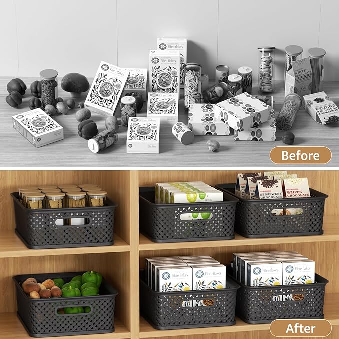 MaxGear Organization and Storage 3 Packs, Plastic Bins Organizer Bins, Woven Baskets for Storage, Plastic Baskets with Handles, Black Basket for Organizing, Basket Organizer for Home and Office, Large