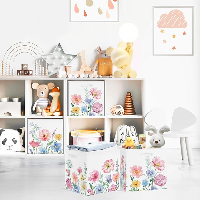 Clastyle Flowers Storage Cube Organizer Set Handle Closet Clothes Cube with Metal Frame Foldable Parents Organizer Storage Basket for Book Toy,Watercolour,11.8x11.8x11.8 in