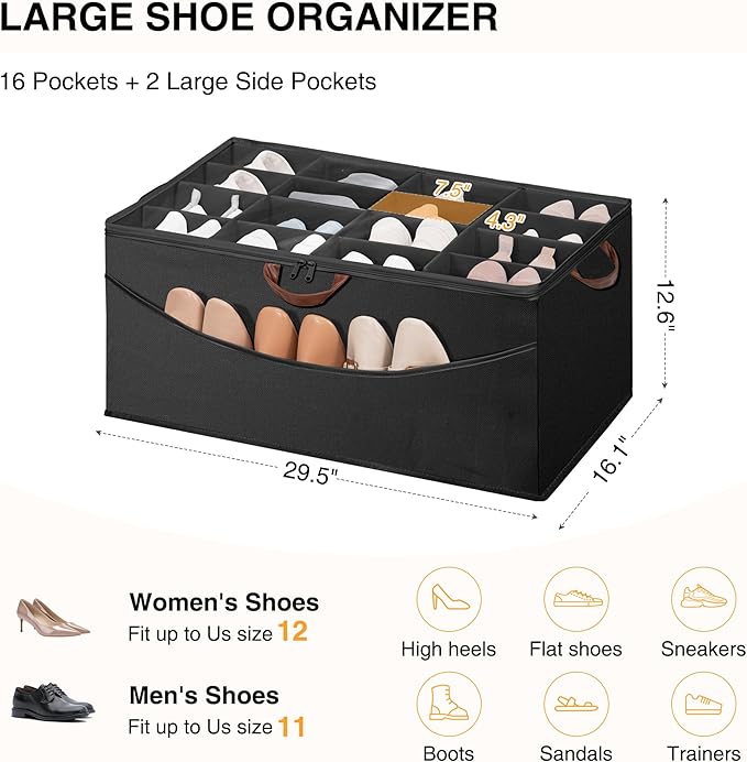 STO STO Shoe Organizer for Closet, Fits Up to 16 Pairs, XL Shoe Box Containers with Adjustable Dividers, Clear Cover Shoe Storage Bins, Stackable Space Saving Shoes Holder for Shoes and Boots, Black