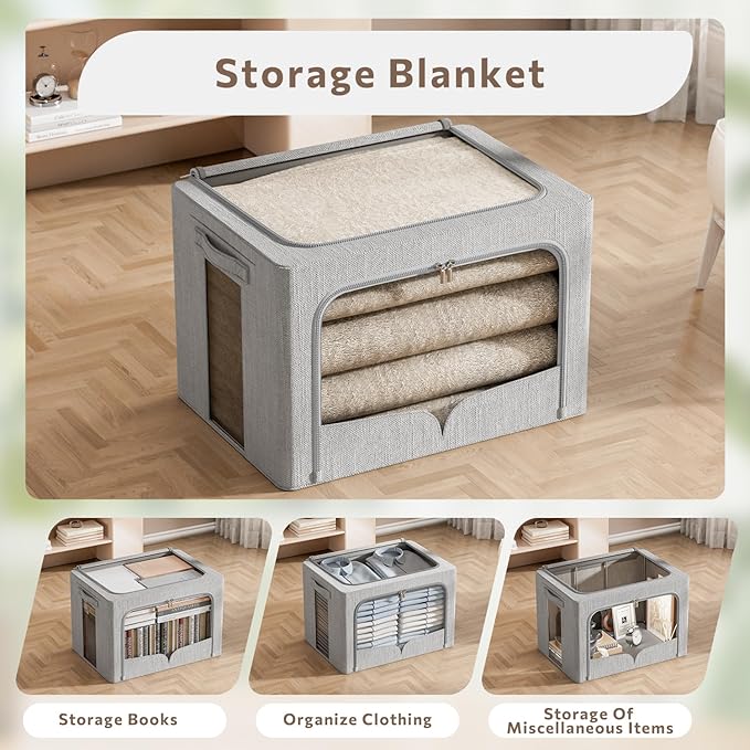 FHSQX 3 Pack Clothes Storage Bins Foldable Metal Frame Storage Box Stackable Linen Fabric Organizer Set with Carrying Handles and Clear Window (Light Gray, 15.7x11.8x11.8inch(36L))