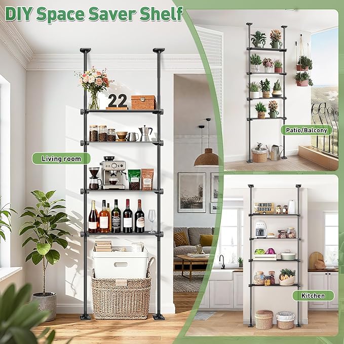Over The Toilet Storage Shelf, 4-Tier Adjustable Over Toilet Bathroom Organizer,Tension-Mounted Bathroom Storage Rack for Ceilings, No Drill Space-Saving Shelving for Small Rooms,Black