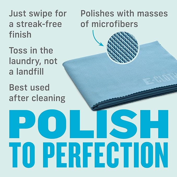 E-Cloth Glass & Polishing Cloth - Microfiber Cleaning Towel Cloth for Windows, Cars, Mirrors, Eyeglasses, & More, Streak Free Clean, Reusable & Machine Washable - Alaskan Blue (4 Pack)