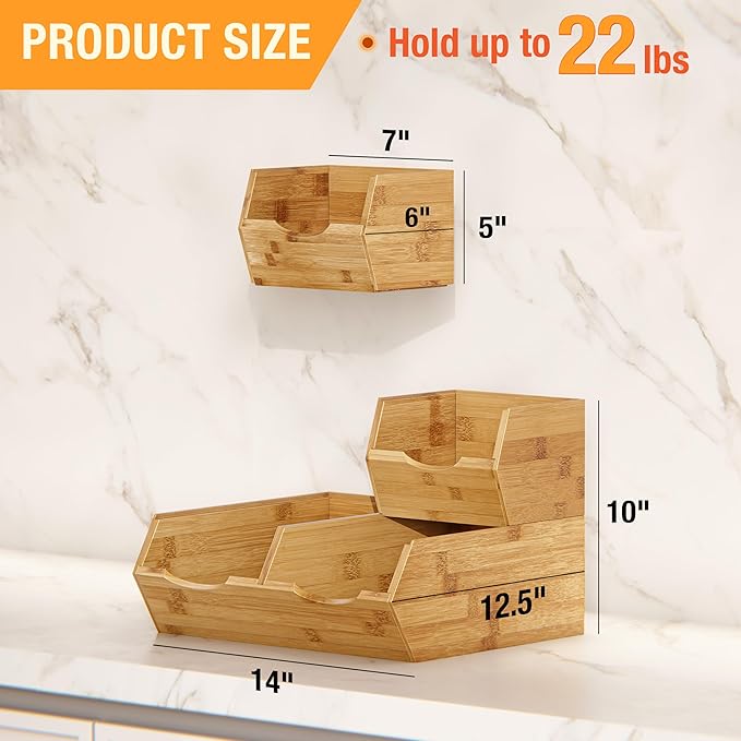 HOMESTEAD Bamboo Pantry Storage Bins – Potato & Onion Storage Bin for Pantry Organizers, Produce Organizer Set of 3 – Slide out Bin Access