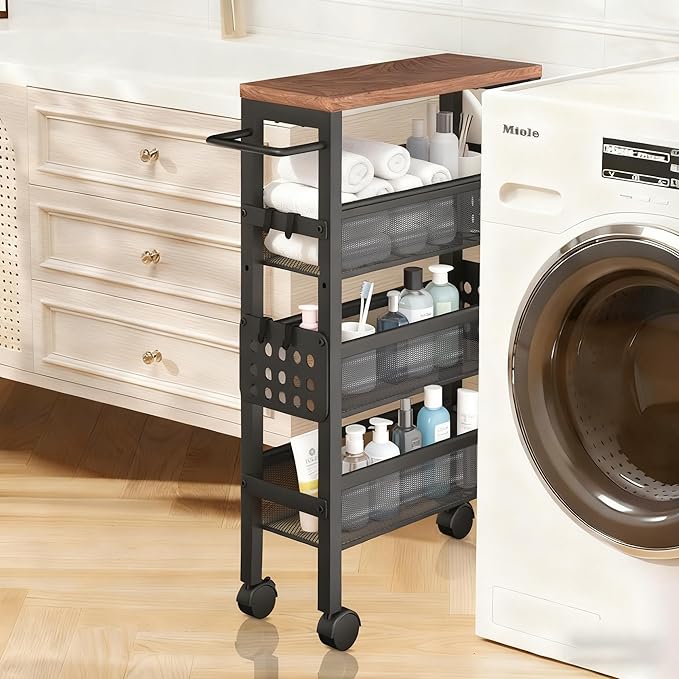 TORIBIO 4 Tier Slim Storage Cart, Narrow Kitchen Rolling Cart with Wheels for Small Space,Mobile Utility Cart Shelving Unit with Metal Frame and Wooden Top for Kitchen, Bathroom, Laundry Room