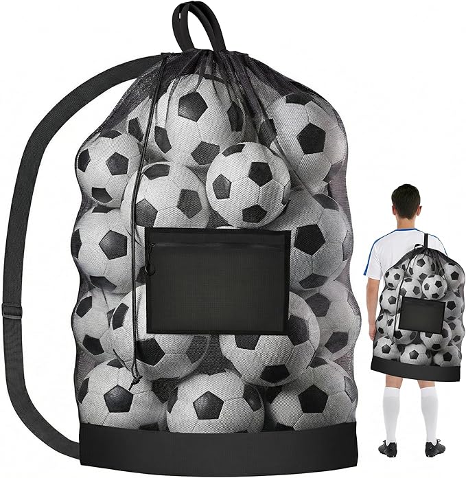 Handy Laundry Mesh Ball Bag - Up to 15 Balls Large Capacity Sports Equipment Bag Carrier with Adjustable Strap and Drawstring Closure - For Soccer, Basketball, Volleyball