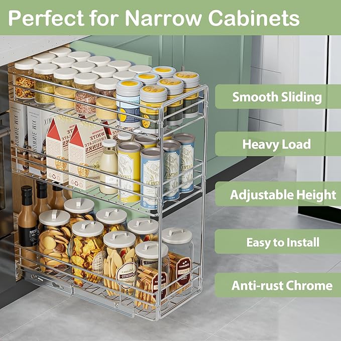 Pull Out Spice Rack Cabinet Organizer 8½" W x 20½" D, 3 Tier Heavy Duty Sliding Spice Cabinet Organization for Narrow Cabinet, Pull Out Shelves for Kitchen