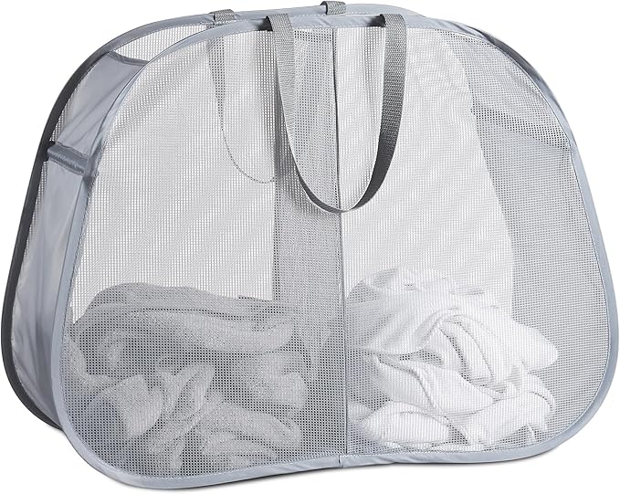 Mesh Popup Laundry Hamper 2 Compartment, Collapsible Laundry Sorter Basket Foldable Hamper for Clothes, College Dorm, Travel (Gray)