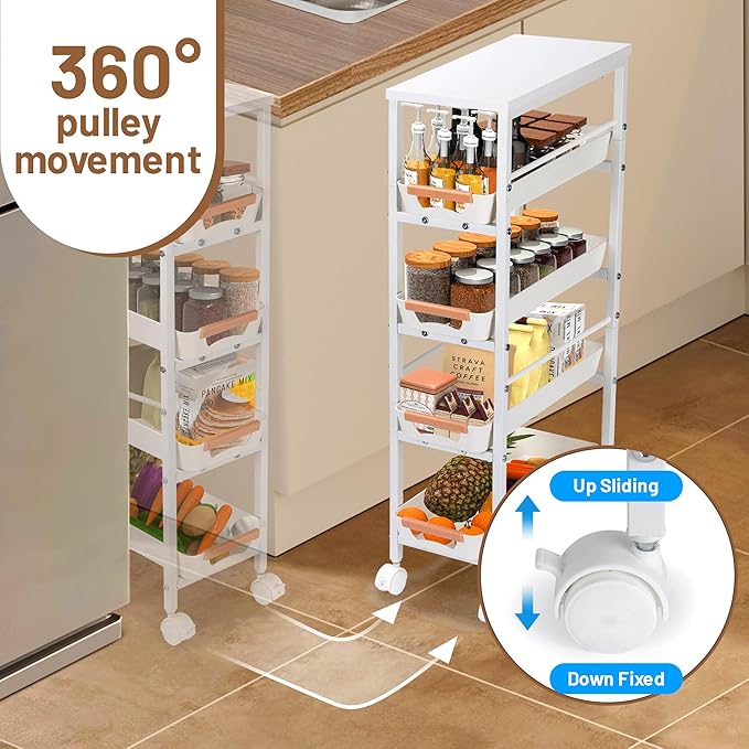 Slim Storage Cart, 5-Tier Narrow Rolling Kitchen Laundry Room Cart with Drawer and Wheels, Metal Utility Cart Slide Out Organizer for Small Spaces (White)