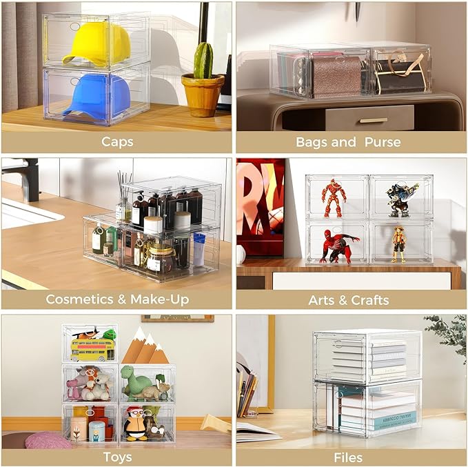 Katoora XX Large Clear Shoe Storage Box Organizer for Closet, 9 Pack Thicken Hard Plastic Stackable Shoe Sneaker Rack Display Case Container Bins Organizer, Easy Assembly, Clear