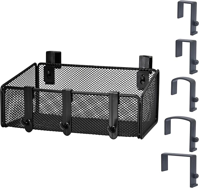 Bedside Caddy Shelf Hanging Storage Basket for Bunk Bed, Office Cubical Walls, Baby Rails, College Dorm Organizer - 5 Pairs Sized Hooks for Phone, Glass, Magazine, Decor (Black)