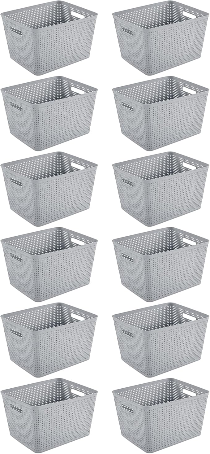 Sterilite 12 Pack Plastic Storage Bin Organization Containers, Tall Baskets, Cement