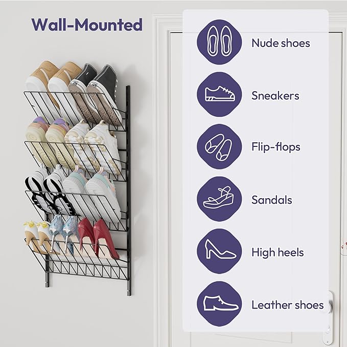 SWTYMIKI Over The Door Shoe Organizer - Adjustable 4 Tier Hanging Shoe Rack Organizer, Metal Heavy Duty Behind Door Storage or Wall Mount Shoes Shelf for Flats, Heels, Sneakers, Boots
