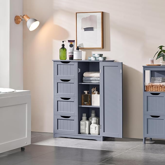 Yaheetech Large Bathroom Floor Cabinet with 4 Dawers and Single Door Cabinet, Freestanding Storage Cabinet for Living Room Kitchen Hallway, Gray