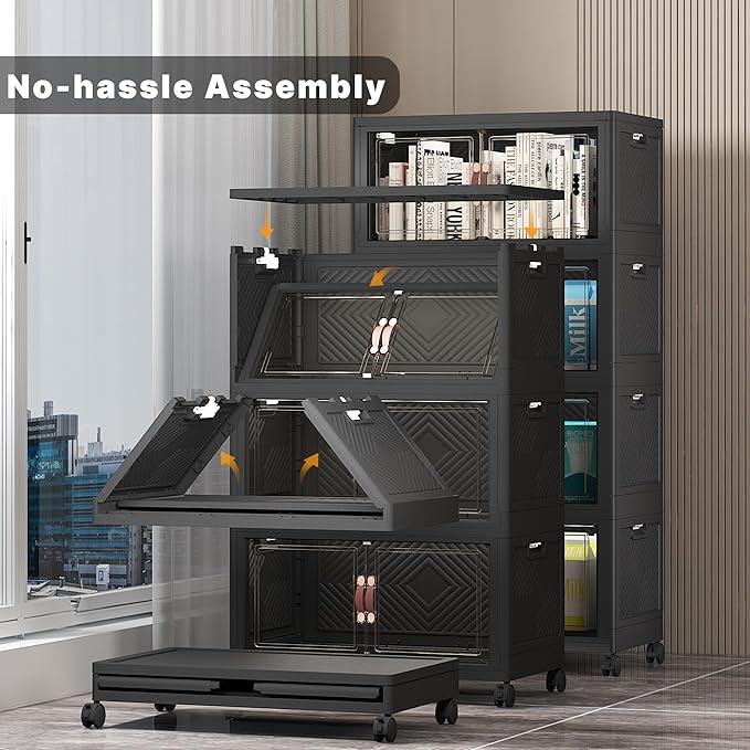 Extra Large Stackable Storage Bins with Lids & Wheels & Door,Foldable Collapsible Closet Organizers, Plastic containers drawers for bedroom Dorm (Dark-55qt, 4Pack with 1 top lid)