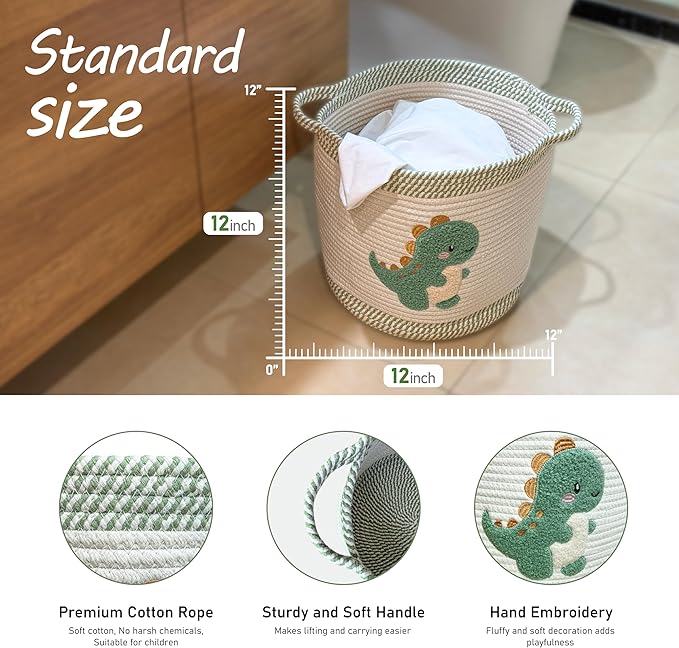 Toy Storage Basket(12"x12"), blanket basket, Cotton Rope Woven Laundry Hamper with Cute Embroidered Dinosaur for Nursery, Living Room, Laundry (Dinosaur)