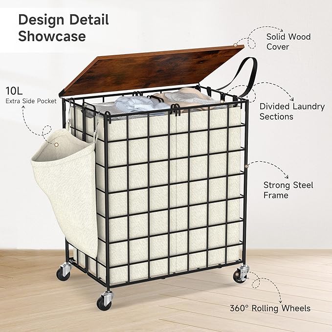 Laundry Basket with Wheels, Heavy Duty Laundry Sorter 2 Sections, 120L (32Gal.) Large Capacity Laundry Hamper with Wood Lid, 360 Rolling Wheels, Extra Side Pocket, Leather Pull Handle (Beige)