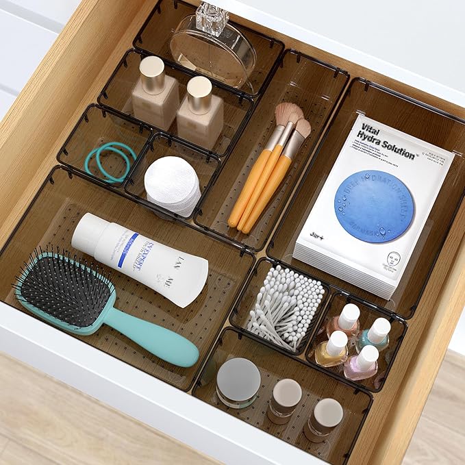 33 PCS Clear Plastic Drawer Organizers Set, 4 Size Desk Drawer Organizer Trays for Makeup, Jewelry, Kitchen Utensils, Gadgets and Office Accessories, Black