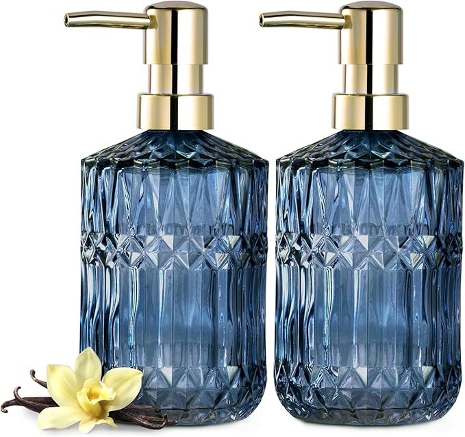EMPO Clear Glass Soap Dispenser with ABS Plastic Pump, Lotion Dispensers for Kitchen, Bathroom (2pack Blue)
