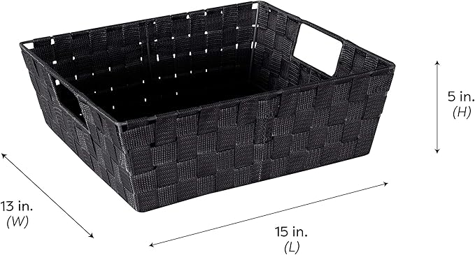 Simplify Large Shelf Woven Strap Tote | Decorative Storage Basket | Built in Handles | Organization | Closet | Bedroom | Bathroom | Nursery | Accessories | Toys | Gifts | 1 Pack | Black