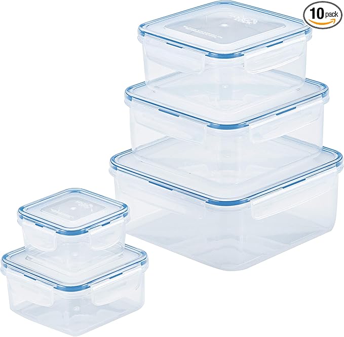 LOCK & LOCK Easy Essentials Food Storage lids/Airtight containers, BPA Free, 10 Piece - Square, Clear