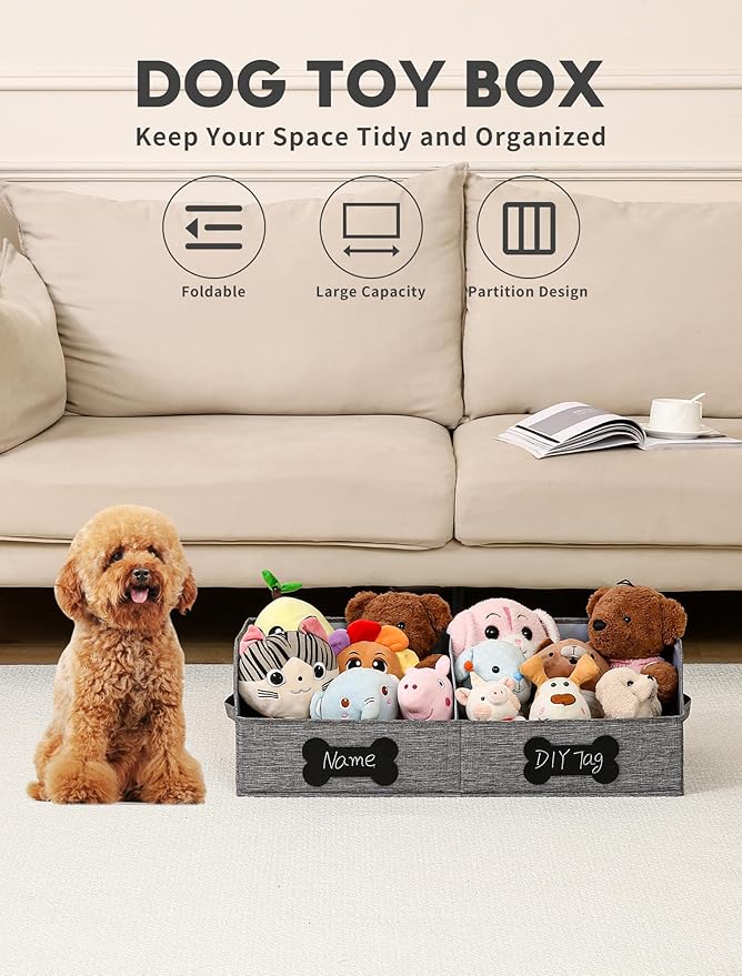 Qozary Large Dog Toy Basket with Diy Tag - Collapsible Dog Toy Bin, Fabric Personalized Storage Box, Trapezoid Storage and Organizer for Pet Supplies (Gray, Medium 27.6"x11.8")