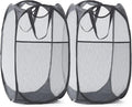 TECHMILLY Collapsible Mesh Pop Up Laundry Hamper with Sturdy Handles and Side Pocket - Portable Foldable Clothes Baskets for Dorm, Bathroom & Travel Storage (Grey, 2 Packs)