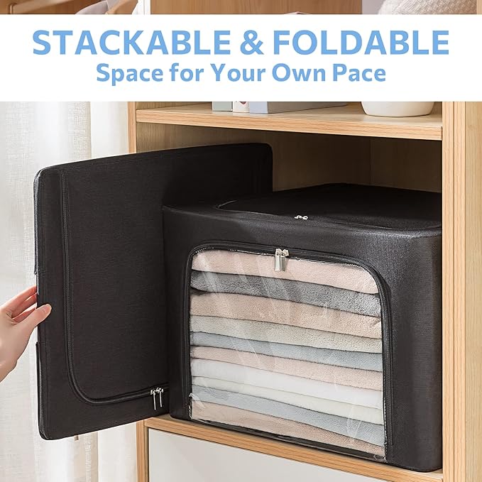 CYhom 3Pack Frame Storage Box - Clothes Storage Bin Bags Oxford Fabric Foldable Stackable Container Organizer Set with Clear Window & Carry Handles (Black, Large-66L)
