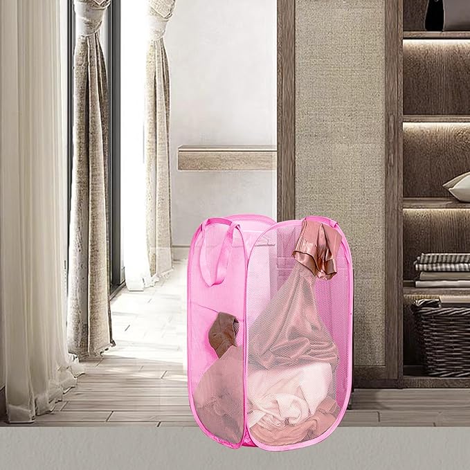 Pop Up Laundry Hamper Thick Mesh Collapsible Laundry Baskets, Large Side Pocket, Strong Handles, Travel Friendly for Cruise, RV (Green+Pink)