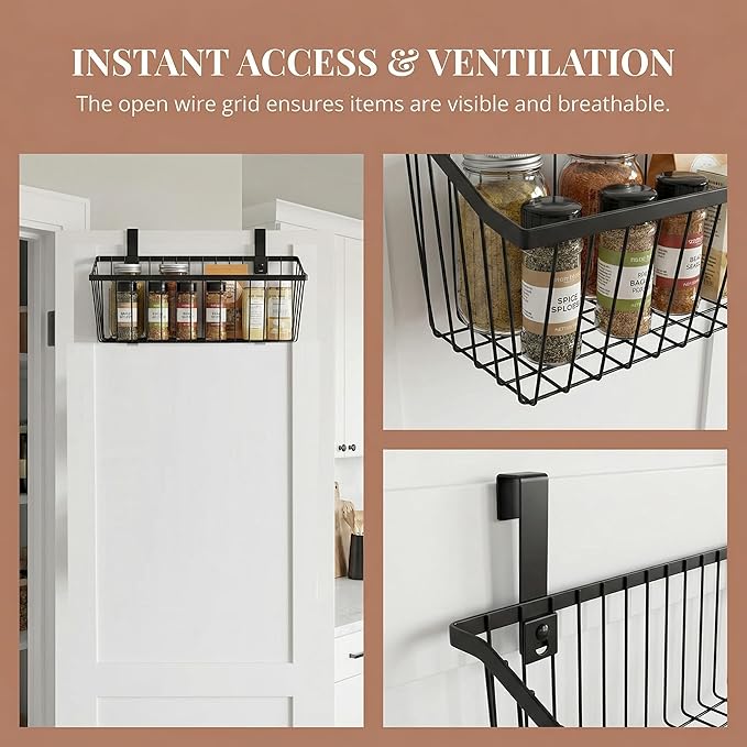 LeleCAT Grid Storage Baskets with Hooks, Over Cabinet Door Organizer, Wire Basket Hanging Storage Organizer, Kitchen Bathroom Organizer (Black, Extra Large)