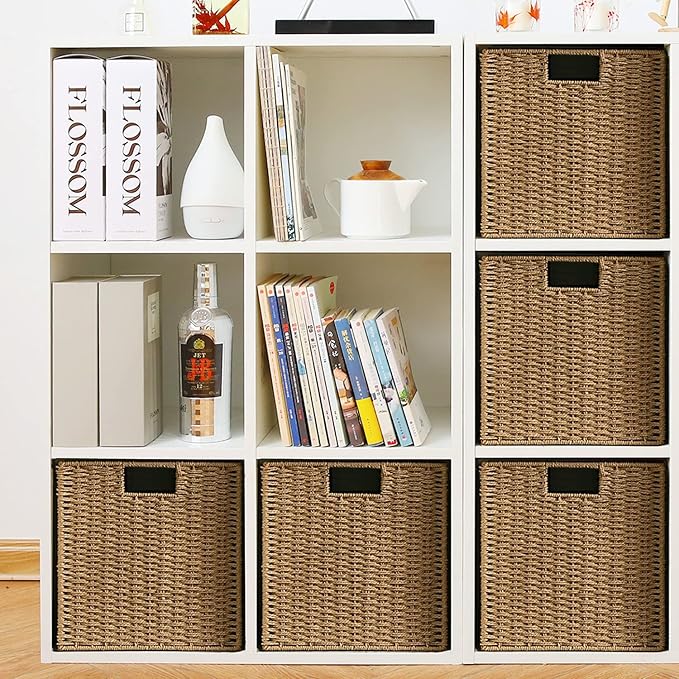 Vagusicc Wicker Storage Basket, Set of 2 Hand-Woven Wicker Basket, 11 inch Storage Baskets for Organizing and Decor, Foldable Cube Storage Organizer Bins Baskets for Shelves, Woven Basket, Natural
