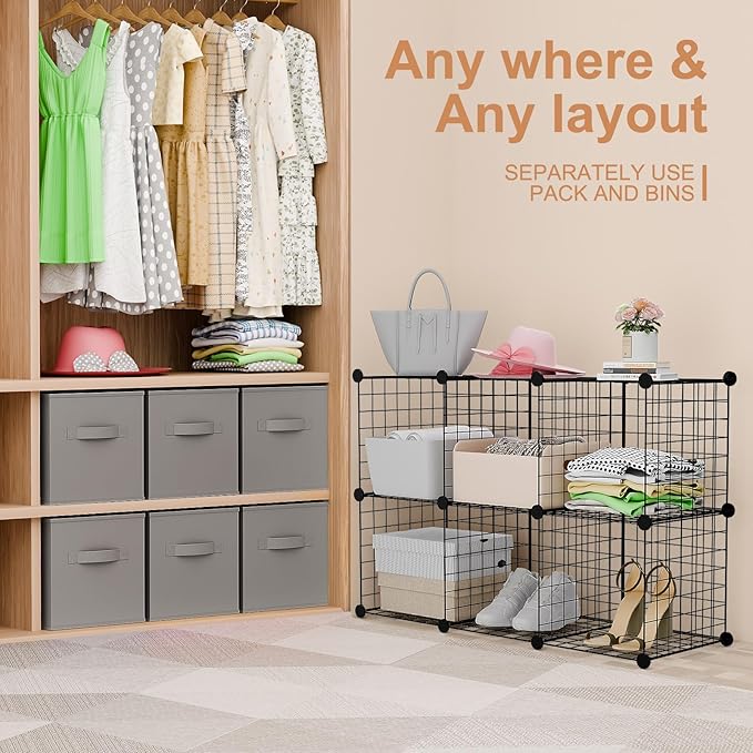Leinuosen 6 Cube Storage Organizer with Fabric Bins, Wire Grid Stackable Shelves, Drawer Closet Organizer, Modular Storage Units for Bedroom Living Room Office Clothes Toys Crafts(Black,Gray)