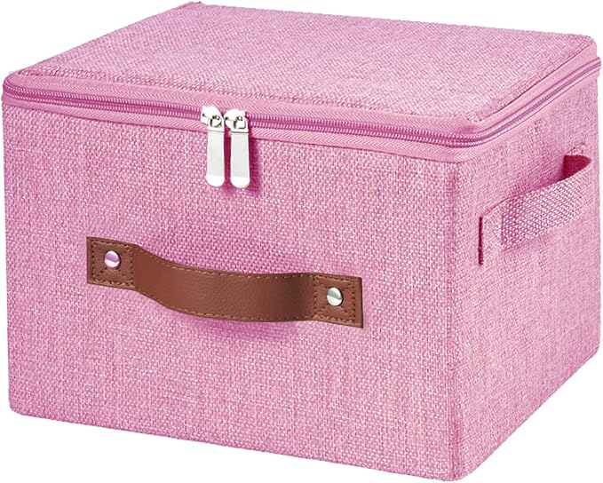 Storage Bins with Zipper Lid Foldable Fabric Lidded Storage Boxes Baskets Cubes Washable Collapsible PU Leather Handle Cotton Linen Shelves Closet Organizer Container(Pink, Small Size)