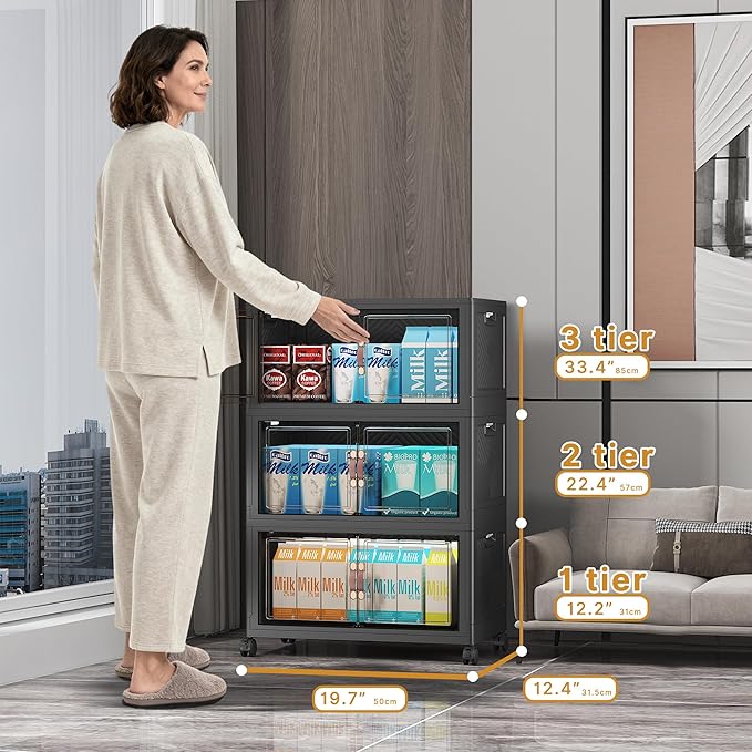 Extra Large Stackable Storage Bins with Lids & Wheels & Door,Foldable Collapsible Closet Organizers, Plastic containers drawers for bedroom Dorm (Dark-55qt, 6Pack with 2 top lids)