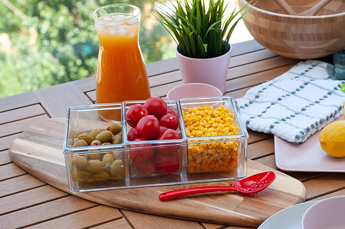 Pikanty - Condiment Server with 3 Removable Containers and Lids - Ideal for Parties, BBQs, and Picnics, Dishwasher Safe, and Made in the USA