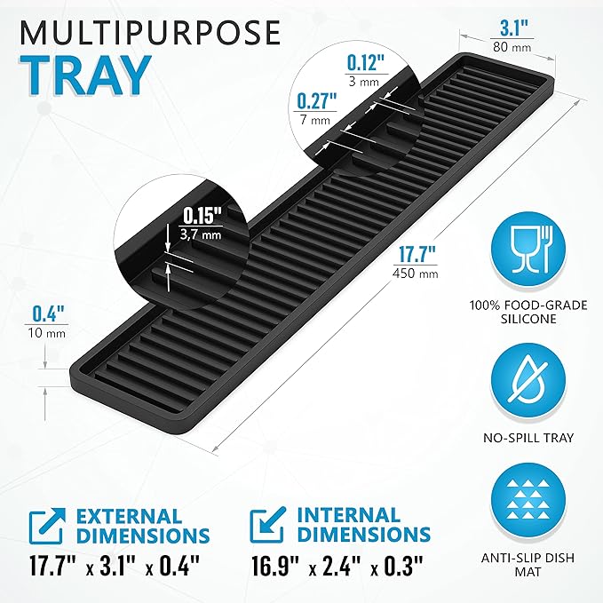 ZAPPOWARE Kitchen Sink Narrow Silicone Holder Tray 17.7"x3.1", Vanity & Bathroom Organizer, Black, Heat-Resistant Mat