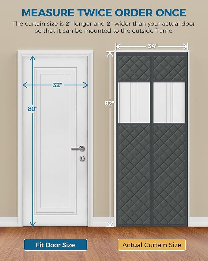 Magnetic Thermal Insulated Door Curtain Fits Door Size 32" x 80", Oxford Cloth Thicken Cotton Fiber Filled, Self-closing Screen Insulation Cover Keep Warm in Winter, with Clear Windows, Grey