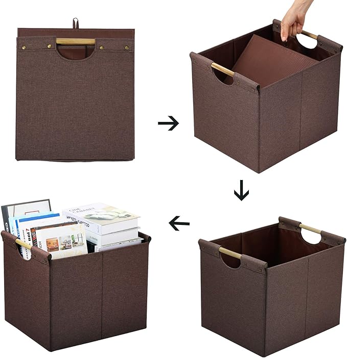 HOONEX Large Collapsible Storage Bins, Linen Fabric, 2 Pack, Storage Baskets with Wooden Carry Handles and Sturdy Heavy Cardboard, for Home, Office, Car, Nursery, Brown