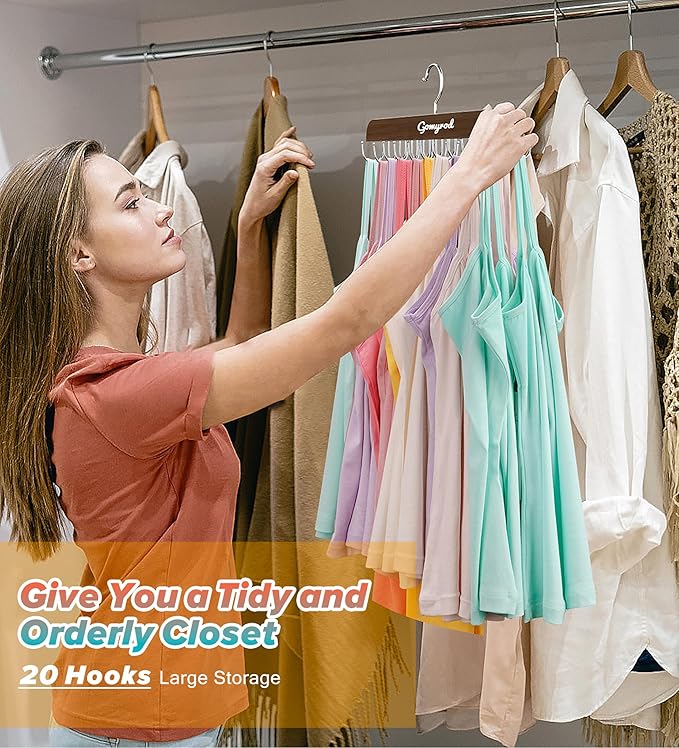 Bra Hanger for Closet, 2 Pack Tank Top Hangers w/20 Hooks Holds 40 Bras, Capacity Foldable Wood Space Saving Hanger, 360°Rotating Closet Organizers and Storage for Dorm & Apartment（Brown）