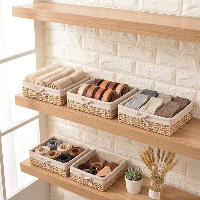 Set of 4 Wicker Baskets for Organizing – Khaki Paper Rope, Fabric Lined Shallow Shelf Storage Bins, Handwoven Rectangular Pantry & Closet Organizer Baskets