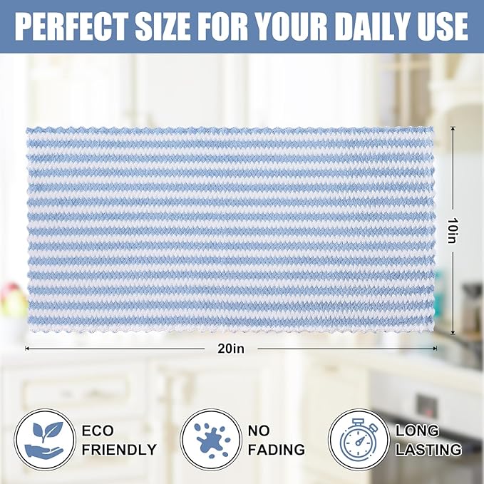 Homaxy Kitchen Towels(12 Pack, 10 x 20 inches), Ultra Soft and Absorbent Dish Towels, Reusable Fast Drying Microfiber Cleaning Cloth, Coral Velvet Wave Design No-lint, Blue