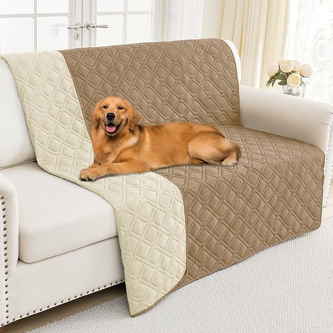 Smiry Reversible Waterproof Couch Covers for Sofa, Washable Dogs Pet Couch Covers for 3 Cushion Sofa Pet Friendly, Water Resistant Furniture Protector Slipcover, Geometric (52"x82", Camel/Beige)