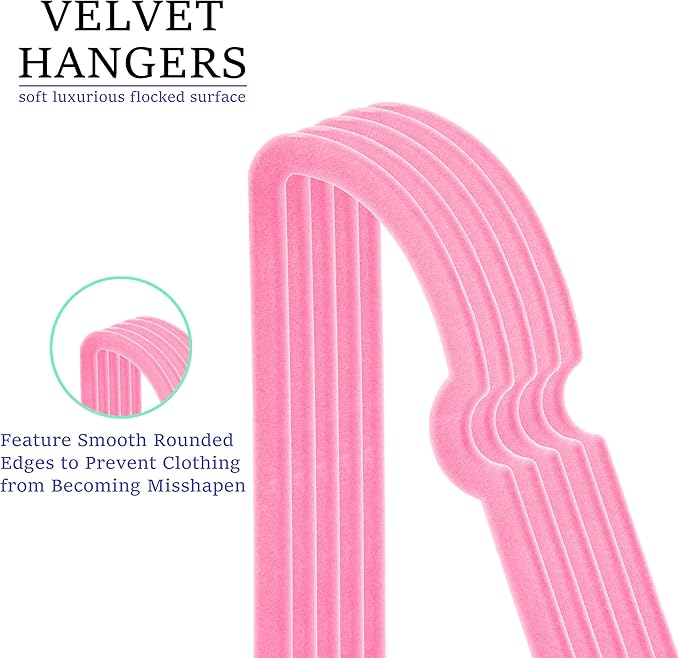 Pink Velvet Hangers 50 Pack, 16" Non Slip Adult Hangers, Slim Clothes Hanger with 360 Degree Swivel Hook - Durable & Cute