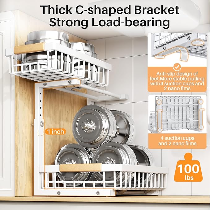 PXRACK 1 Pack Under Sink Organizer,Adjustable Height,2 Tier Pull Out Under Cabinet Organizer,Slide Out Thickened Metal Under Sink Storage for Kitchen Bathroom Laundry Cabinet Pantry,White